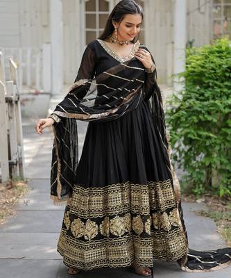 Black faux blooming sequins embroidered anarkali gown with dupatta 2