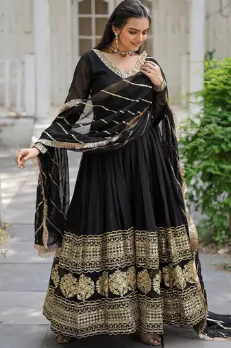 Black faux blooming sequins embroidered anarkali gown with dupatta