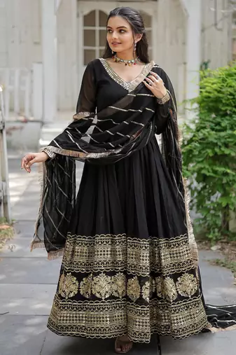 Black faux blooming sequins embroidered anarkali gown with dupatta