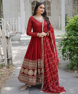 Maroon faux blooming sequins embroidered anarkali gown with dupatta 1