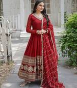 Maroon faux blooming sequins embroidered anarkali gown with dupatta