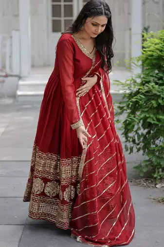 Maroon faux blooming sequins embroidered anarkali gown with dupatta