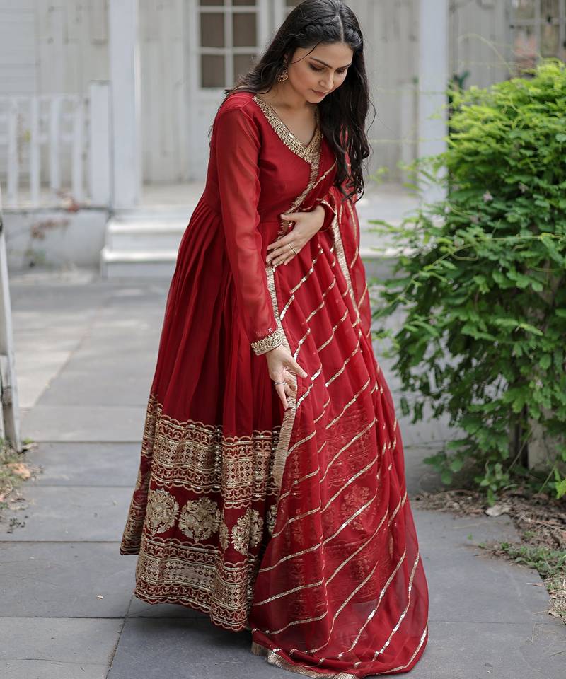 Maroon faux blooming sequins embroidered anarkali gown with dupatta