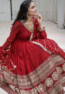 Maroon faux blooming sequins embroidered anarkali gown with dupatta 4