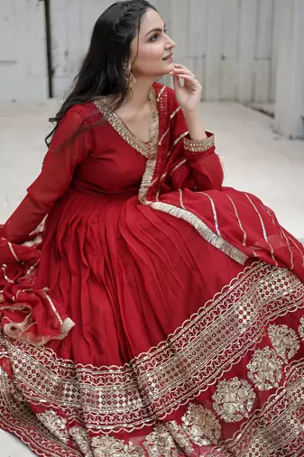 Maroon faux blooming sequins embroidered anarkali gown with dupatta