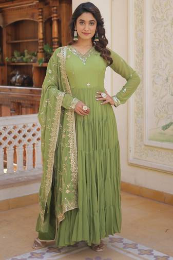 Maroon faux georgette embroidered anarkali gown with dupatta