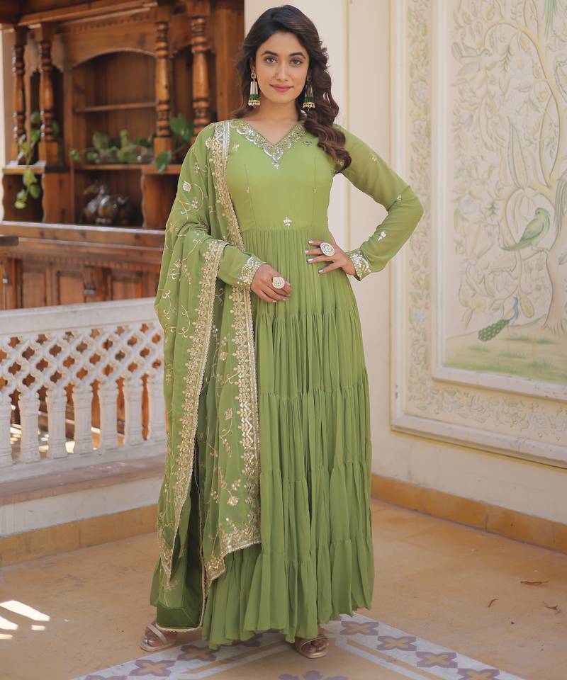 Maroon faux georgette embroidered anarkali gown with dupatta