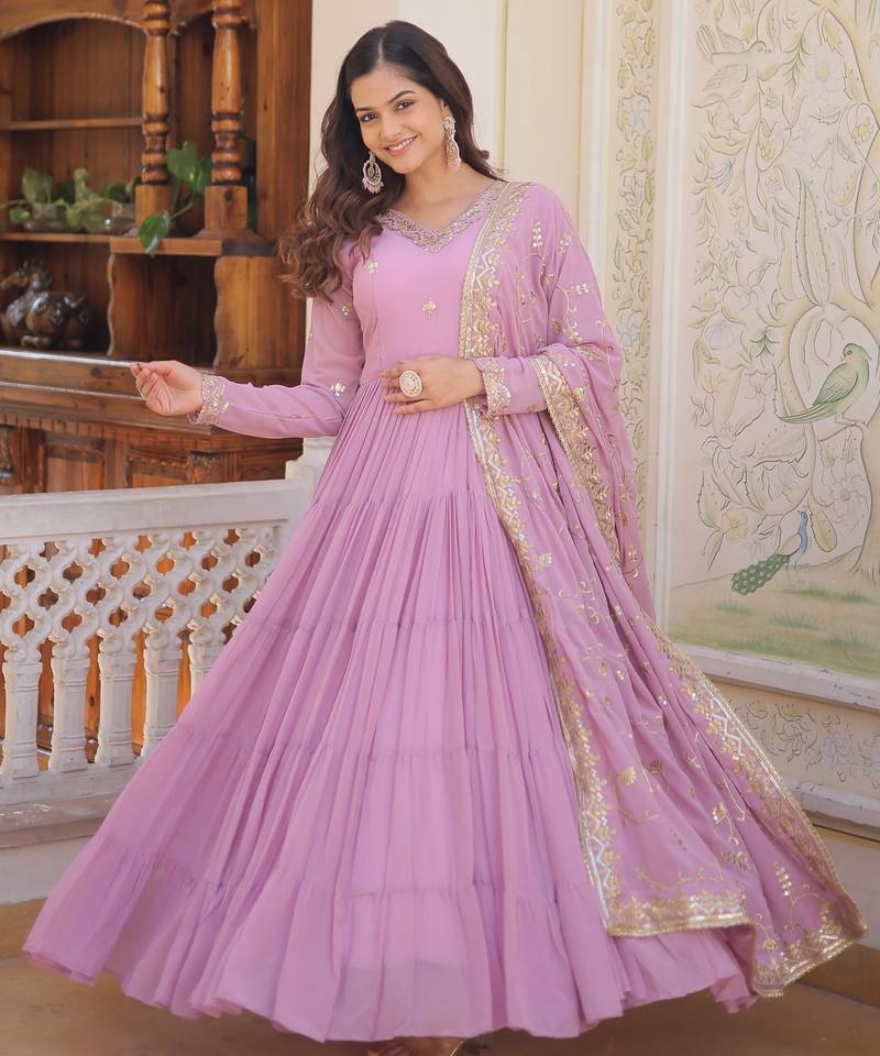 Purple faux georgette embroidered anarkali gown with dupatta