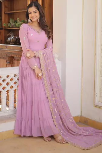 Purple faux georgette embroidered anarkali gown with dupatta