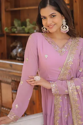 Purple faux georgette embroidered anarkali gown with dupatta