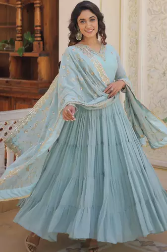 Sky blue faux georgette embroidered anarkali gown with dupatta