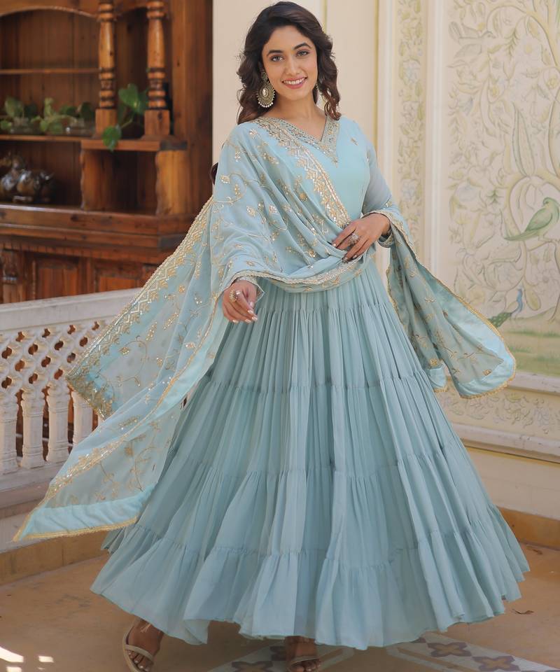 Sky blue faux georgette embroidered anarkali gown with dupatta
