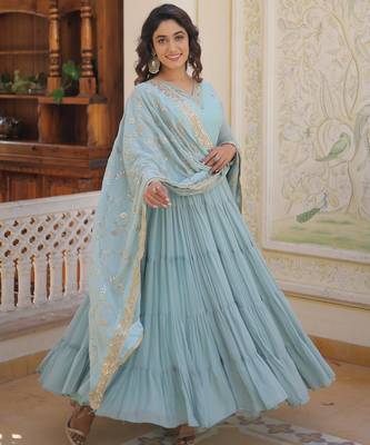 Sky blue faux georgette embroidered anarkali gown with dupatta 2