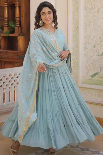 Sky blue faux georgette embroidered anarkali gown with dupatta