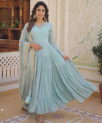 Sky blue faux georgette embroidered anarkali gown with dupatta 3