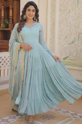 Sky blue faux georgette embroidered anarkali gown with dupatta