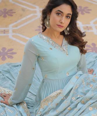 Sky blue faux georgette embroidered anarkali gown with dupatta 4