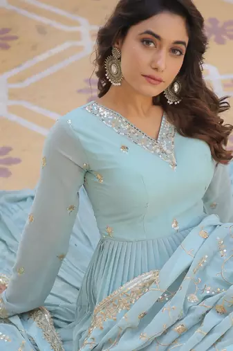 Sky blue faux georgette embroidered anarkali gown with dupatta