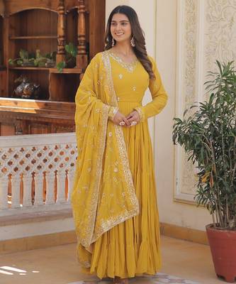 Yellow faux georgette embroidered anarkali gown with dupatta 1