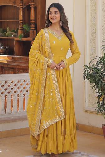 Yellow faux georgette embroidered anarkali gown with dupatta