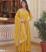 Yellow faux georgette embroidered anarkali gown with dupatta