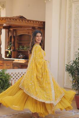 Yellow faux georgette embroidered anarkali gown with dupatta 3
