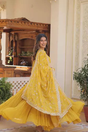 Yellow faux georgette embroidered anarkali gown with dupatta