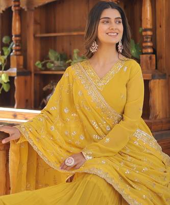 Yellow faux georgette embroidered anarkali gown with dupatta 4