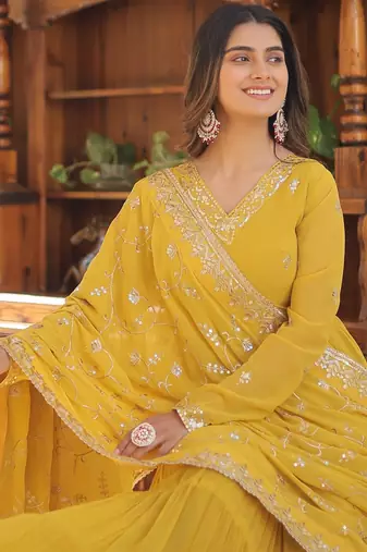Yellow faux georgette embroidered anarkali gown with dupatta
