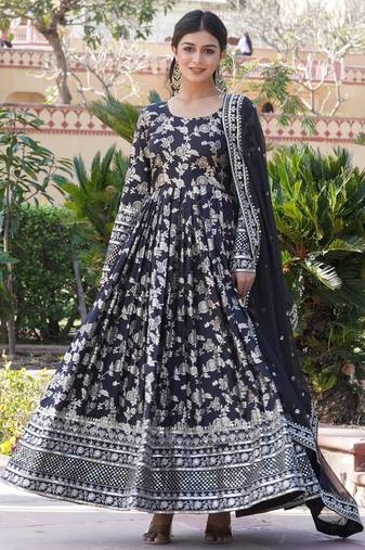 Black viscose jacqard & sequins embroidered anarkali gown with dupatta