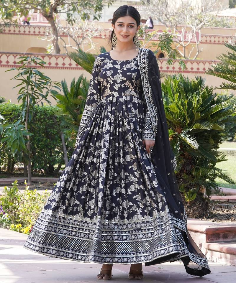 Black viscose jacqard & sequins embroidered anarkali gown with dupatta