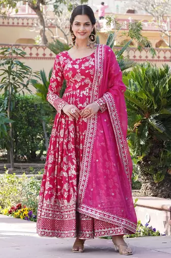 Pink viscose jacqard & sequins embroidered anarkali gown with dupatta