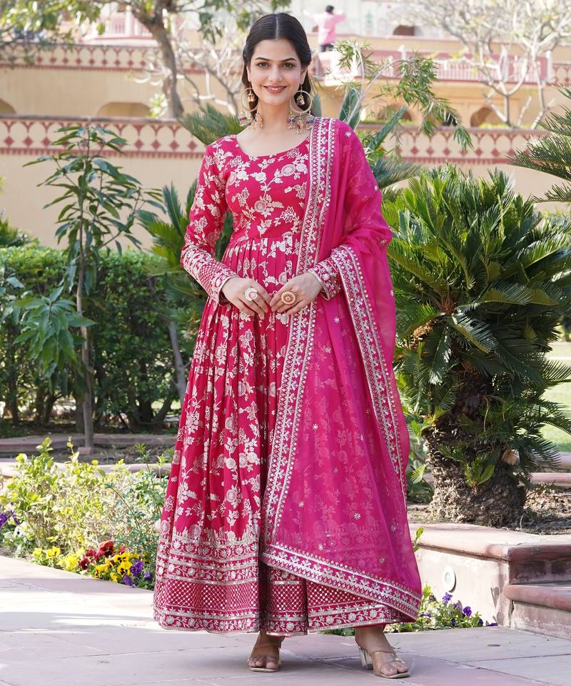 Pink viscose jacqard & sequins embroidered anarkali gown with dupatta