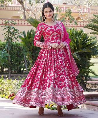 Pink viscose jacqard & sequins embroidered anarkali gown with dupatta 2
