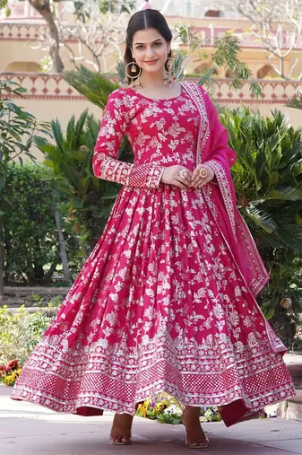 Pink viscose jacqard & sequins embroidered anarkali gown with dupatta