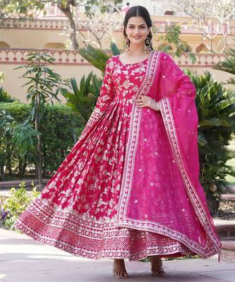 Pink viscose jacqard & sequins embroidered anarkali gown with dupatta 3