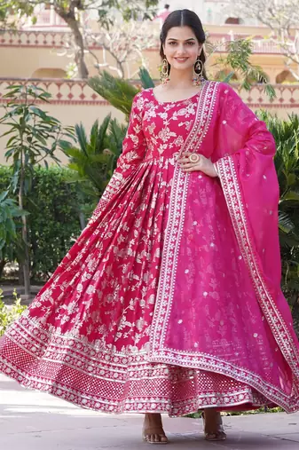 Pink viscose jacqard & sequins embroidered anarkali gown with dupatta