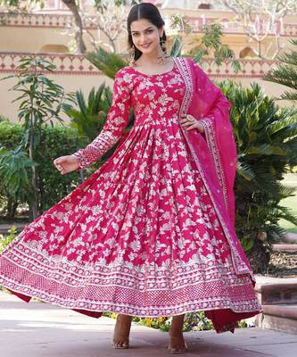 Pink viscose jacqard & sequins embroidered anarkali gown with dupatta 4