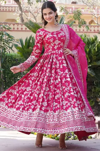 Pink viscose jacqard & sequins embroidered anarkali gown with dupatta