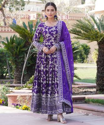 Purple viscose jacqard & sequins embroidered anarkali gown with dupatta 1
