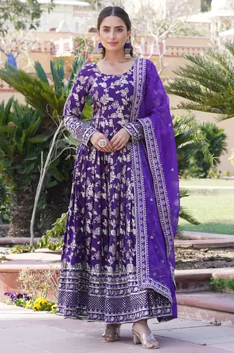 Purple viscose jacqard & sequins embroidered anarkali gown with dupatta