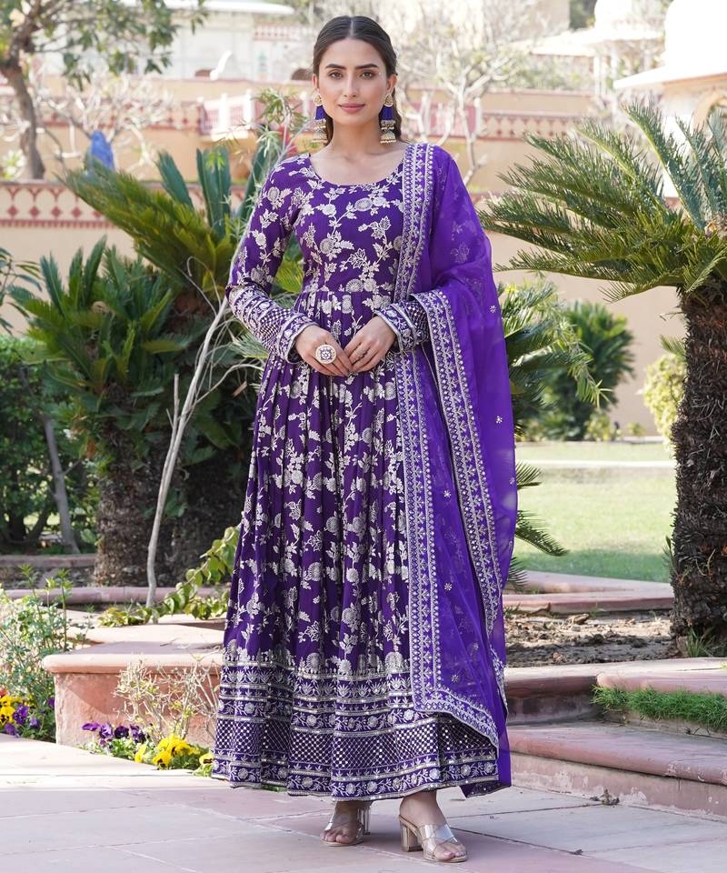 Purple viscose jacqard & sequins embroidered anarkali gown with dupatta