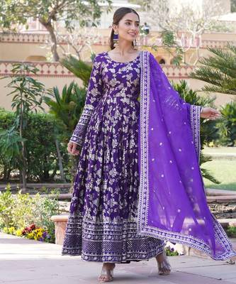 Purple viscose jacqard & sequins embroidered anarkali gown with dupatta 2