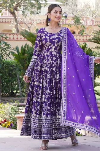 Purple viscose jacqard & sequins embroidered anarkali gown with dupatta