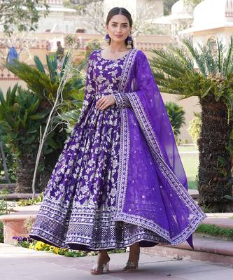 Purple viscose jacqard & sequins embroidered anarkali gown with dupatta 3