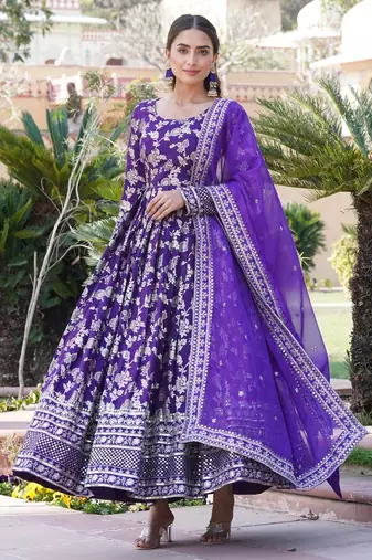 Purple viscose jacqard & sequins embroidered anarkali gown with dupatta