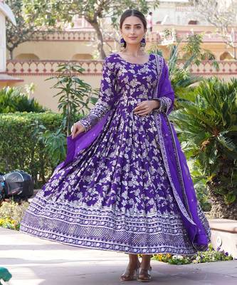 Purple viscose jacqard & sequins embroidered anarkali gown with dupatta 4