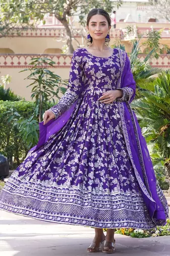 Purple viscose jacqard & sequins embroidered anarkali gown with dupatta