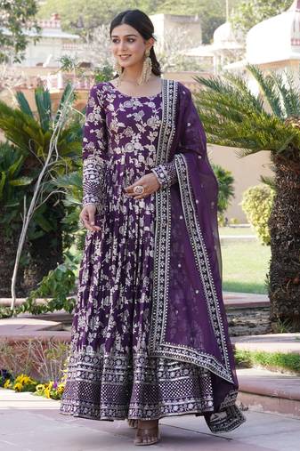 Wine viscose jacqard & sequins embroidered anarkali gown with dupatta