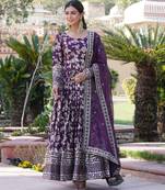 Wine viscose jacqard & sequins embroidered anarkali gown with dupatta
